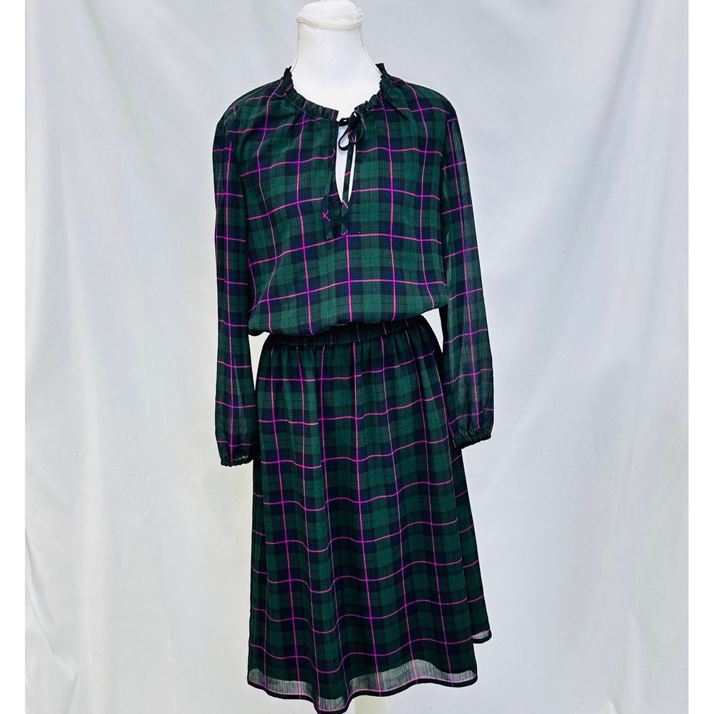 J.Crew Women Sz XS Dress Green Pink Plaid Holiday Line Ruffle Tie Neck Midi‎
